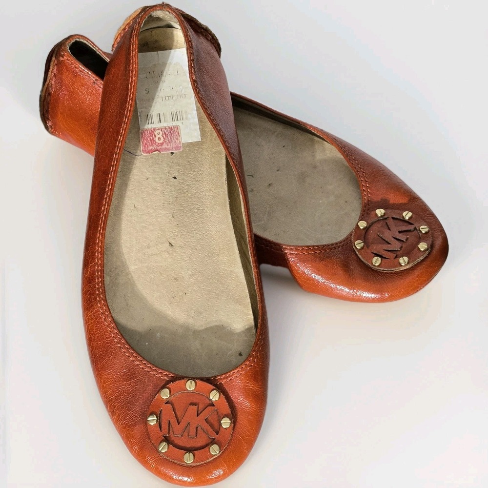 Michael Kors Driving Flats Womens Sz 8 Orange Slip On Shoes Signature Medallion